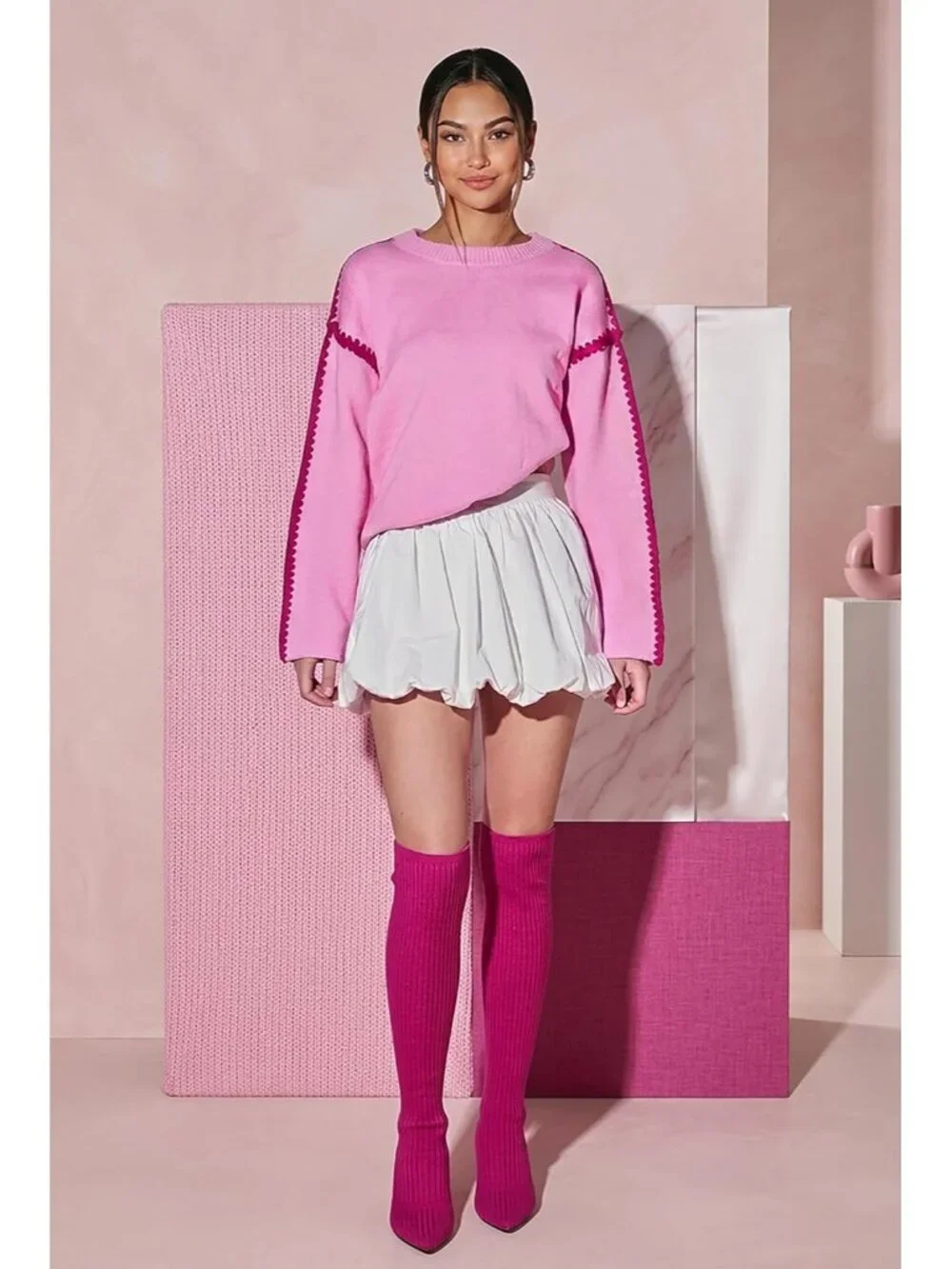 Women's Pink Pointed Toe Synthetic High Heel Stretch Over The Knee Knit Boots